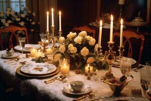 foto van een mooi avondeten tafel bereid voor nieuw jaar vooravond. generatief ai