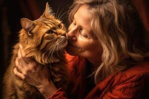 een foto van een vrouw teder zoenen en knuffelen haar kat. generatief ai