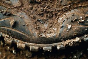 dichtbij - omhoog foto van een spoor loper versleten - uit spoor rennen schoenen gedekt in modder en aarde. generatief ai