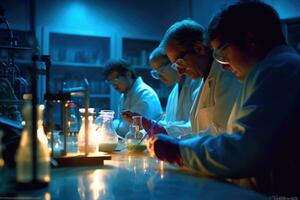 team van wetenschappers dirigeren experimenten in een chemie laboratorium. generatief ai foto