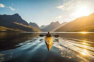 een foto van een kayaker peddelen door een sereen berg meer. generatief ai