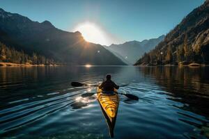 een foto van een kayaker peddelen door een sereen berg meer. generatief ai