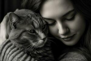 een foto van een vrouw zittend vredig, wieg haar kat in haar armen, net zo ze planten een teder kus Aan haar hoofd. generatief ai