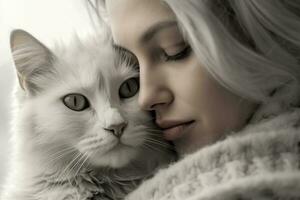 een foto van een vrouw zittend vredig, wieg haar kat in haar armen, net zo ze planten een teder kus Aan haar hoofd. generatief ai