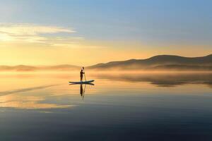 een sereen schot van een paddleboarder glijden aan de overkant een kalmte meer Bij zonsopkomst. generatief ai foto