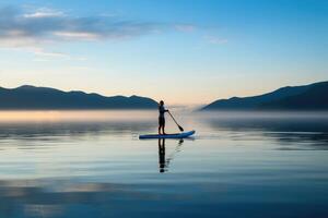 een sereen schot van een paddleboarder glijden aan de overkant een kalmte meer Bij zonsopkomst. generatief ai foto