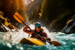 een opwindend moment van een kayaker navigeren door snel - in beweging stroomversnellingen in een rivier. generatief ai foto