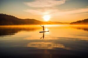 een sereen schot van een paddleboarder glijden aan de overkant een kalmte meer Bij zonsopkomst. generatief ai foto