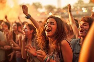 de levendig atmosfeer van een muziek- festival met een menigte van enthousiast fans juichen voor hun favoriete band. generatief ai foto