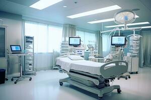 een breed - hoek schot van een ziekenhuis kamer interieur, scherpstellen Aan de modern medisch uitrusting en technologie. generatief ai foto