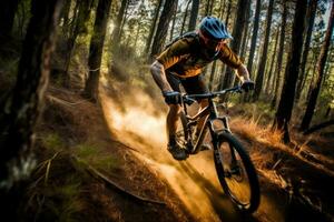 een actie schot van een berg fietser te hard rijden bergafwaarts Aan een robuust pad. generatief ai foto