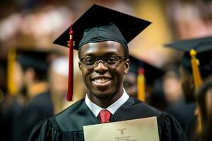 een dichtbij - omhoog schot van een afro Amerikaans Mens afstuderen Holding hun diploma met een trots glimlach Aan hun gezicht. generatief ai foto