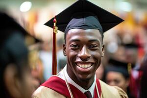 een dichtbij - omhoog schot van een afro Amerikaans Mens afstuderen Holding hun diploma met een trots glimlach Aan hun gezicht. generatief ai foto