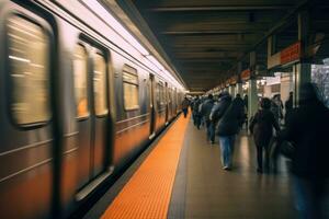 breed - hoek schot van een druk metro station gedurende stormloop uur, markeren de rendement en capaciteit van openbaar vervoer. generatief ai foto