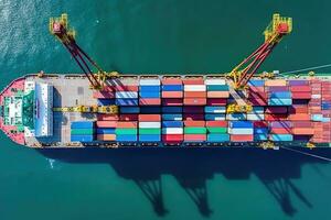 antenne schot van een lading schip aangemeerd Bij een haven, met containers wezen geladen of gelost. generatief ai foto