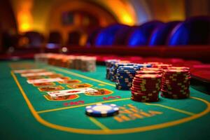 een dichtbij - omhoog schot van een blackjack tafel in een casino, markeren de levendig kleuren van de kaarten en de strak oppervlakte van de tafel. generatief ai foto