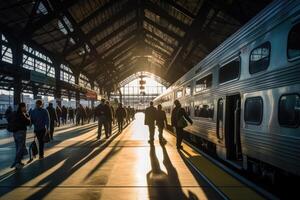 een breed - hoek schot van een bezig trein station platform gedurende top uur, benadrukkend de rendement en capaciteit van openbaar vervoer. generatief ai foto