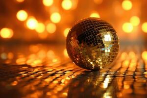 een dichtbij - omhoog schot van een nieuw jaar vooravond decoratie met een focus Aan een sprankelend disco bal. generatief ai foto