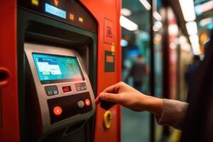 dichtbij - omhoog schot van een persoon tikken hun contactloos kaart Aan een bus of trein kaartverkoop machine, benadrukkend de gemak en gemak van gebruik makend van openbaar vervoer. generatief ai foto