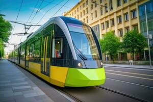 laag - hoek schot van een modern elektrisch tram voorbijgaan door, presentatie van de eco - vriendelijk natuur van openbaar vervoer. generatief ai foto