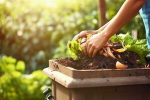 dichtbij - omhoog schot van een persoon gebruik makend van een compost bak naar weggooien van biologisch afval. generatief ai foto