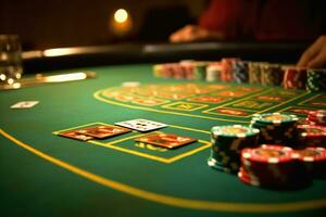 een dichtbij - omhoog schot van een blackjack tafel in een casino, markeren de levendig kleuren van de kaarten en de strak oppervlakte van de tafel. generatief ai foto
