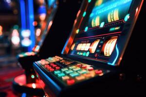 een dichtbij - omhoog schot van een rij van sleuf machines in een casino, presentatie van hun knippert lichten en uitnodigend toetsen. generatief ai foto