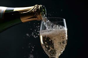 een dichtbij - omhoog schot van een zilver Champagne fles knallen open, vrijgeven sprankelend bubbels in de lucht. generatief ai foto