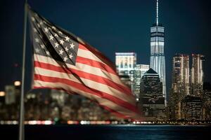 een dichtbij - omhoog schot van een Amerikaans vlag voorzichtig golvend in de voorgrond, met de iconisch nieuw york stad horizon verlichte in de achtergrond. generatief ai foto