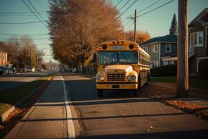 een breed - hoek schot van een school- bus hou op teken met een leeg trottoir in de achtergrond. generatief ai foto