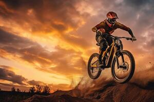 een dichtbij - omhoog visie van de silhouet van een Mens Aan een fiets jumping in de gouden zonsondergang. generatief ai foto