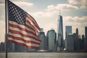 een dichtbij - omhoog schot van een Amerikaans vlag voorzichtig golvend in de voorgrond, met de iconisch nieuw york stad horizon net zo een verbijsterend achtergrond. generatief ai foto