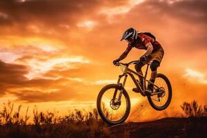 een dichtbij - omhoog visie van de silhouet van een Mens Aan een fiets jumping in de gouden zonsondergang. generatief ai foto