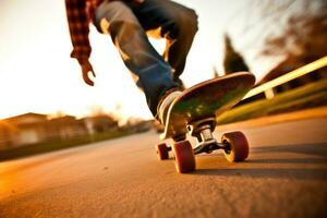 de energie en atletiek van een skateboarder in een dichtbij - omhoog schot. generatief ai foto