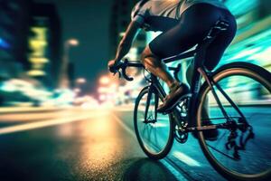 de energie en opwinding van een stad straat in een detailopname schot van een fietser. onscherp afbeelding. generatief ai foto