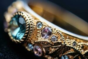 de delicaat details van een handgemaakt stuk van sieraden in een dichtbij - omhoog schot. generatief ai foto