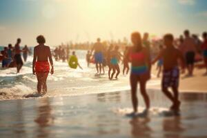 wazig onscherp foto van een zomer strand vol van mensen. generatief ai