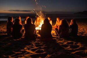 een foto dat vangt een groep van vrienden verzameld in de omgeving van een strand vreugdevuur. generatief ai