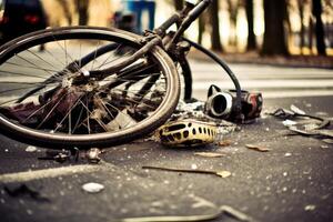 een beeld door vastleggen de nasleep van een fiets Botsing Aan een stad weg. generatief ai foto