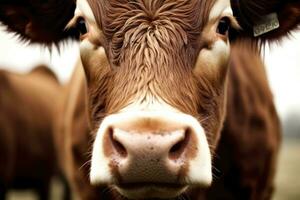 dichtbij - omhoog visie van een koe begrazing vredig in een groen weiland. generatief ai foto