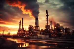 de industrieel landschap van een olie raffinaderij fabriek in de petrochemisch industrie. generatief ai foto
