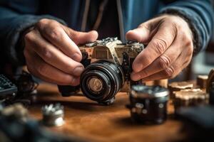 dichtbij - omhoog visie van een professioneel fotograaf handen, presentatie van de ingewikkeld controles en instellingen van een camera. generatief ai foto