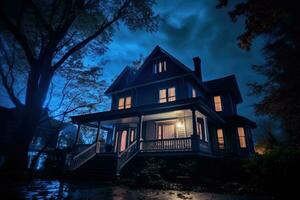 in deze halloween - themed foto, de voorteken atmosfeer van een achtervolgd huis. generatief ai foto