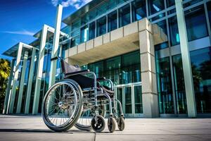 een laag hoek schot van een rolstoel tegen de backdrop van een ziekenhuis modern architectuur. generatief ai foto