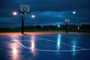 leeg stedelijk buitenshuis basketbal rechtbank Bij nacht met een breed - hoek visie. generatief ai foto