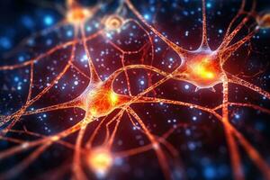 een dichtbij - omhoog foto van met elkaar verbonden neuronen cellen tegen een donker achtergrond. generatief ai