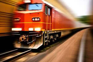 dichtbij - omhoog visie van een lading trein met beweging vervagen, symboliseert de snel en doeltreffend vervoer van goederen. generatief ai foto