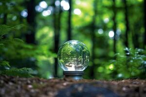 dichtbij - omhoog foto van een glas wereldbol genesteld in een weelderig groen Woud. generatief ai