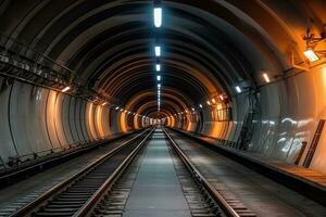de stedelijk ondergronds infrastructuur door nemen een dichtbij - omhoog visie van een ronde metro tunnel met buizen. generatief ai foto