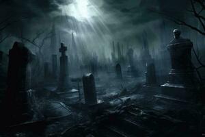 een dichtbij - omhoog fotograaf beeltenis een spookachtig halloween tafereel in een donker, maanlicht begraafplaats. generatief ai foto